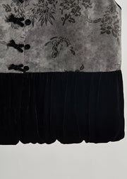 Vintage Grey Print Patchwork Silk Velour Vests Fall