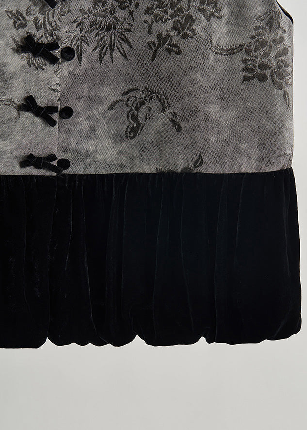 Vintage Grey Print Patchwork Silk Velour Vests Fall