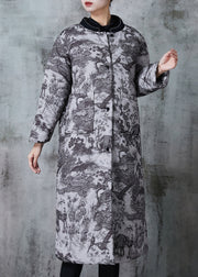 Vintage Grey Print Pockets Fine Cotton Filled Coats Winter