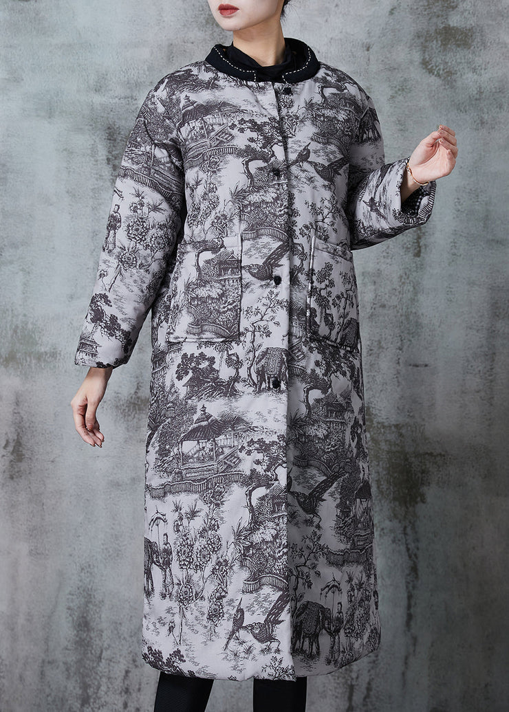 Vintage Grey Print Pockets Fine Cotton Filled Coats Winter