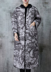 Vintage Grey Print Pockets Fine Cotton Filled Coats Winter