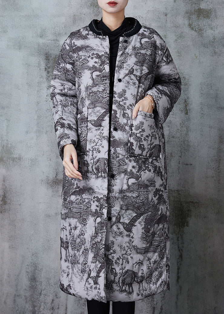 Vintage Grey Print Pockets Fine Cotton Filled Coats Winter