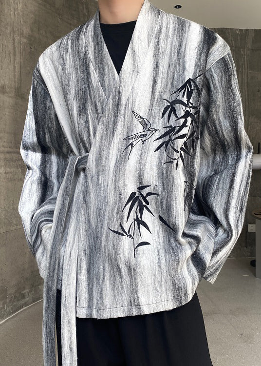 Vintage Grey Tie Dye Lace Up Mens Coats Spring