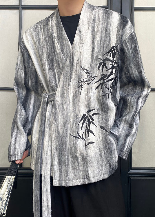 Vintage Grey Tie Dye Lace Up Mens Coats Spring