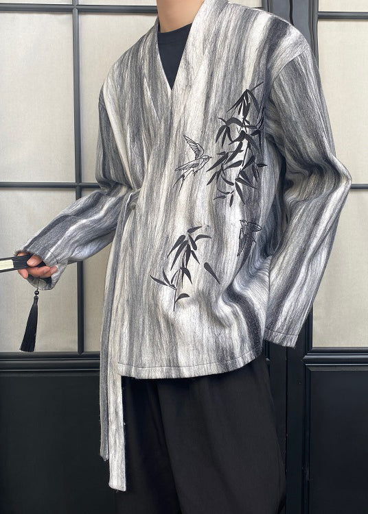 Vintage Grey Tie Dye Lace Up Mens Coats Spring