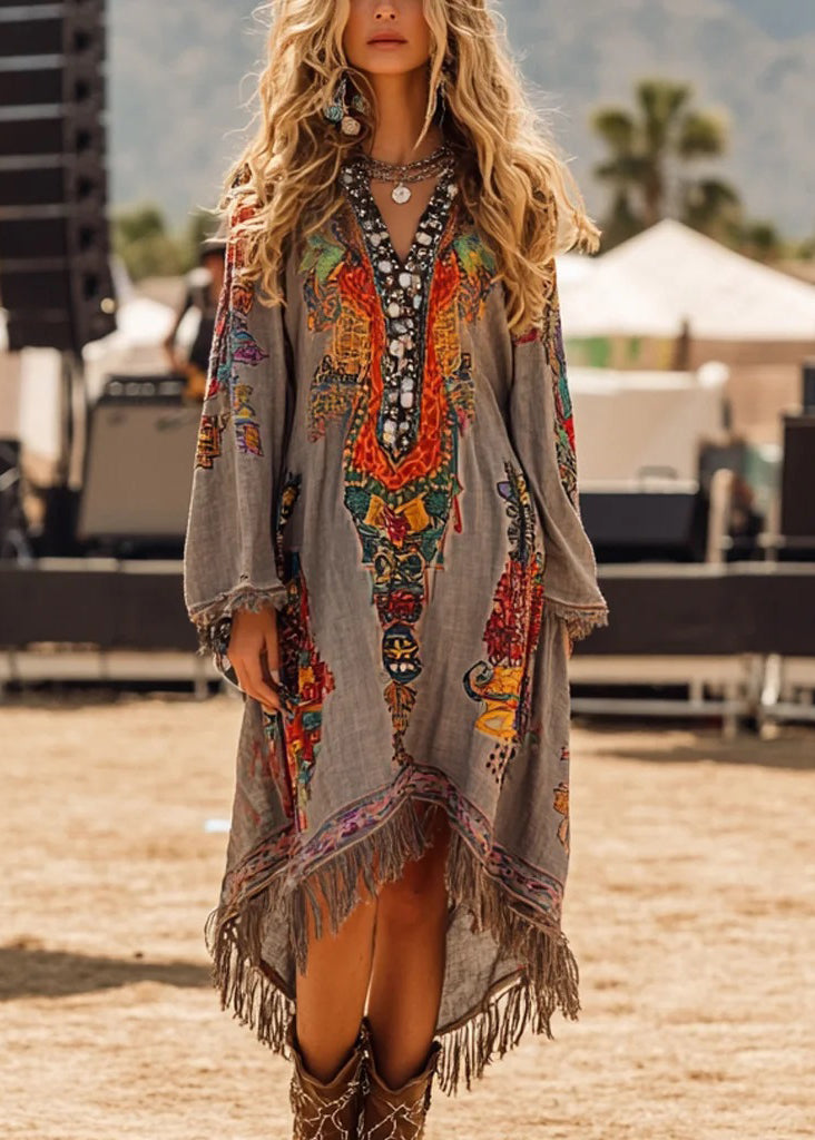 Vintage Grey V Neck Tassel Print Casual Dress Spring