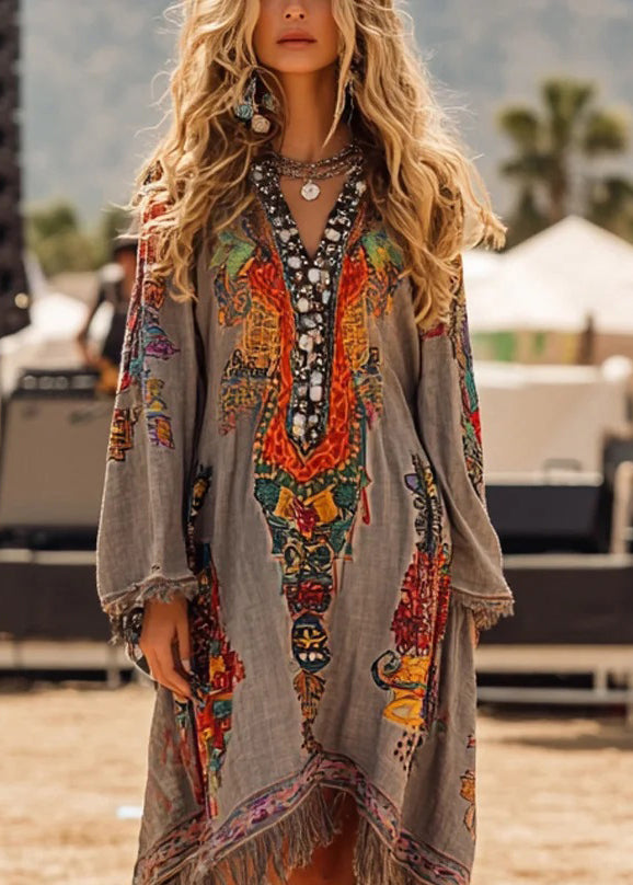 Vintage Grey V Neck Tassel Print Casual Dress Spring