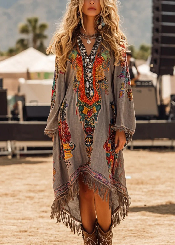 Vintage Grey V Neck Tassel Print Casual Dress Spring