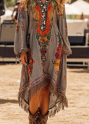 Vintage Grey V Neck Tassel Print Casual Dress Spring