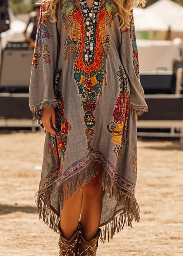 Vintage Grey V Neck Tassel Print Casual Dress Spring