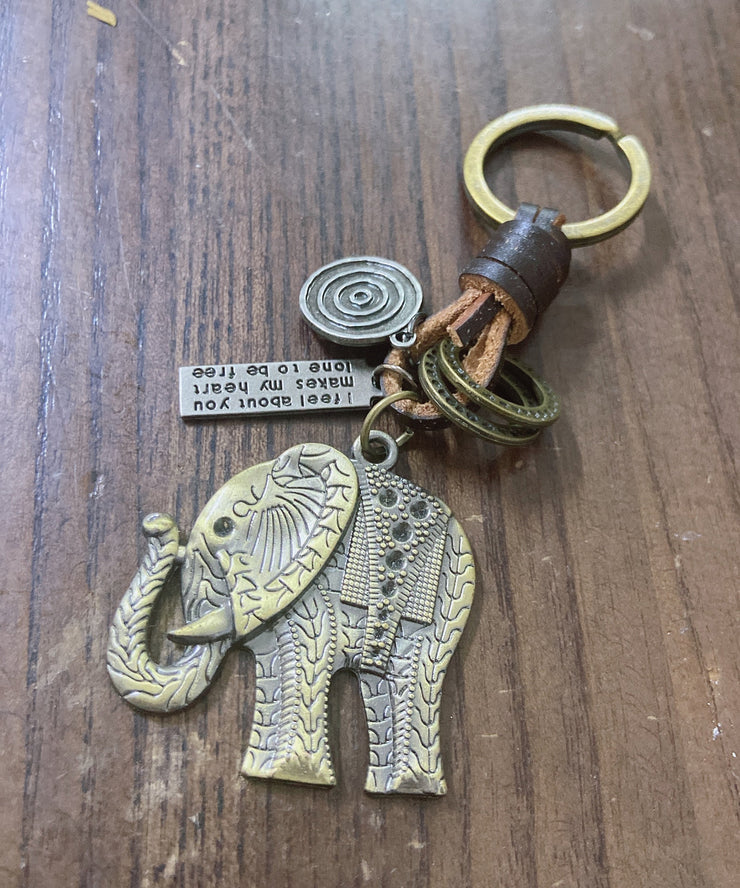 Vintage Hand Woven Cowhide Alloy Little Elephant Keychains