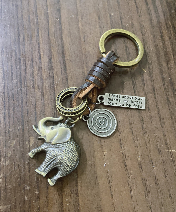 Vintage Hand Woven Cowhide Alloy Little Elephant Keychains