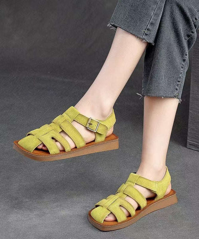 Vintage Handmade Green Cowhide Leather Flat Hollow Out Roman Sandals