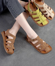 Vintage Handmade Green Cowhide Leather Flat Hollow Out Roman Sandals