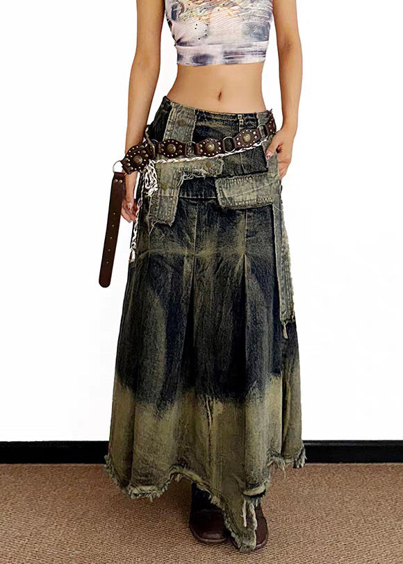 Vintage High Waist Asymmetrical Patchwork Denim Maxi Skirt Summer