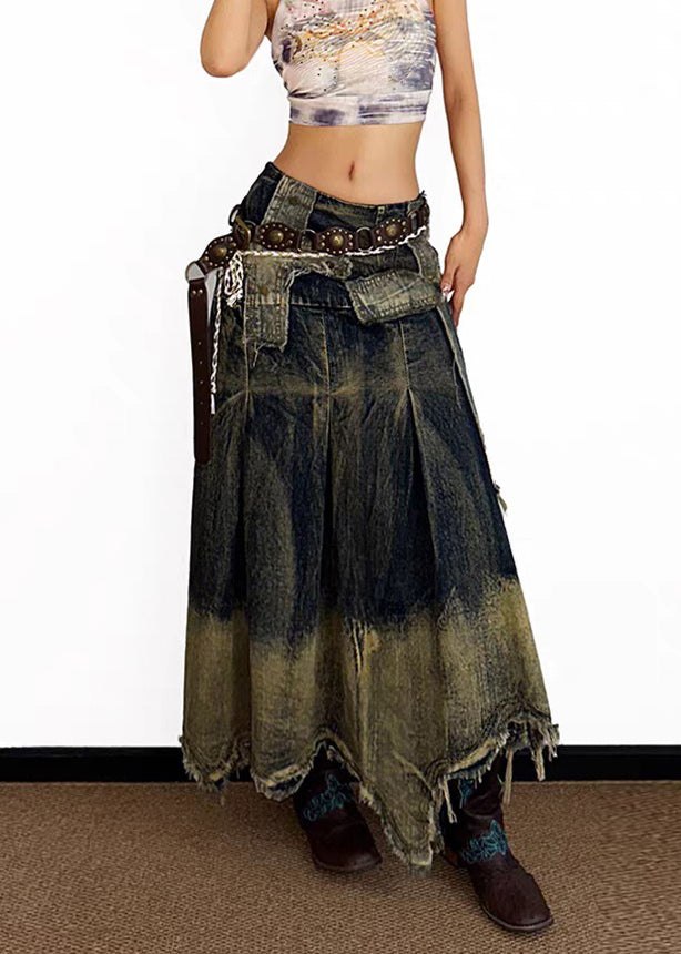 Vintage High Waist Asymmetrical Patchwork Denim Maxi Skirt Summer