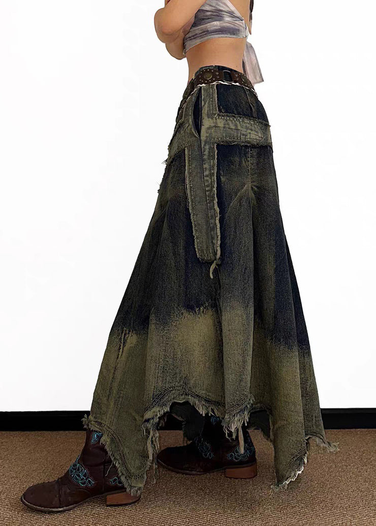 Vintage High Waist Asymmetrical Patchwork Denim Maxi Skirt Summer