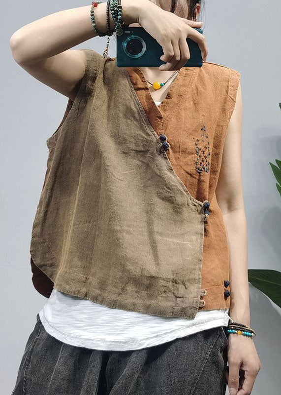 Art Khaki V Neck Button Pockets Linen Waistcoat Sleeveless main image 0