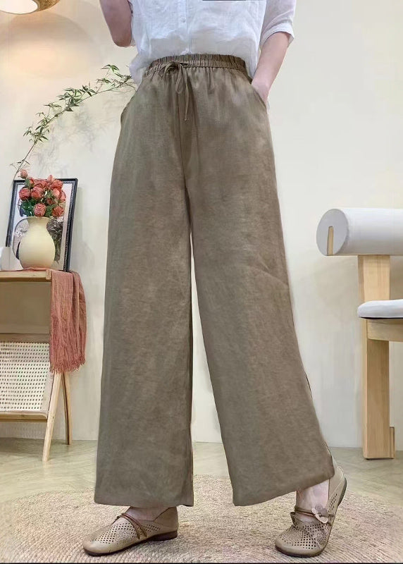 Vintage Khaki Elastic Waist Linen Straight Pants Summer