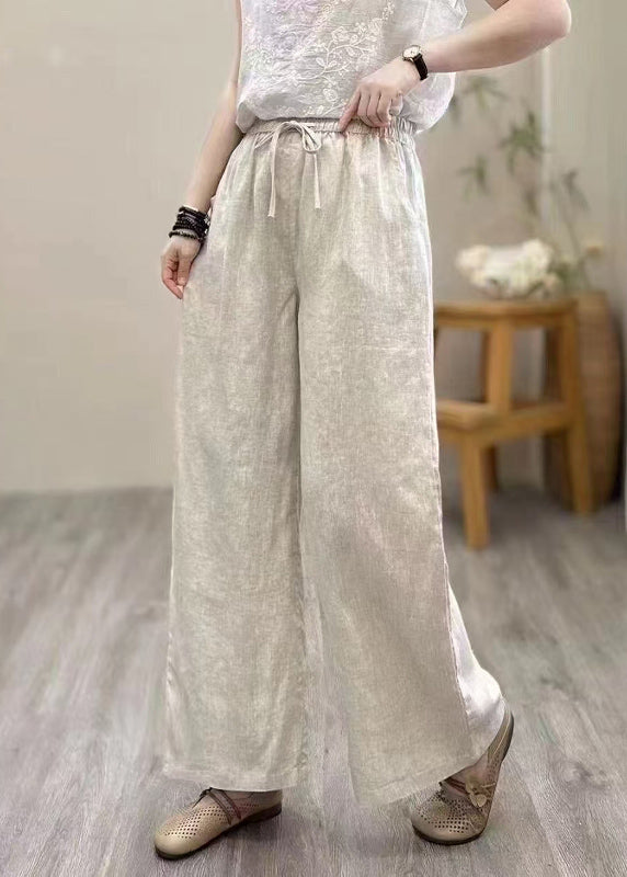 Vintage Khaki Elastic Waist Linen Straight Pants Summer