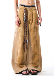 Vintage Khaki Hole Graffiti Pockets Denim Men Wide Leg Pants Fall
