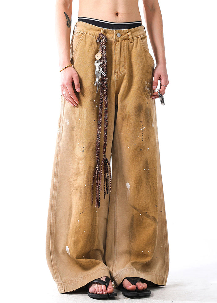 Vintage Khaki Hole Graffiti Pockets Denim Men Wide Leg Pants Fall