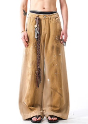 Vintage Khaki Hole Graffiti Pockets Denim Men Wide Leg Pants Fall