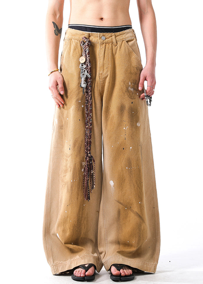 Vintage Khaki Hole Graffiti Pockets Denim Men Wide Leg Pants Fall
