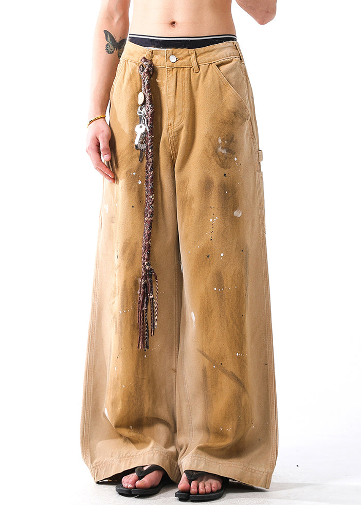 Vintage Khaki Hole Graffiti Pockets Denim Men Wide Leg Pants Fall