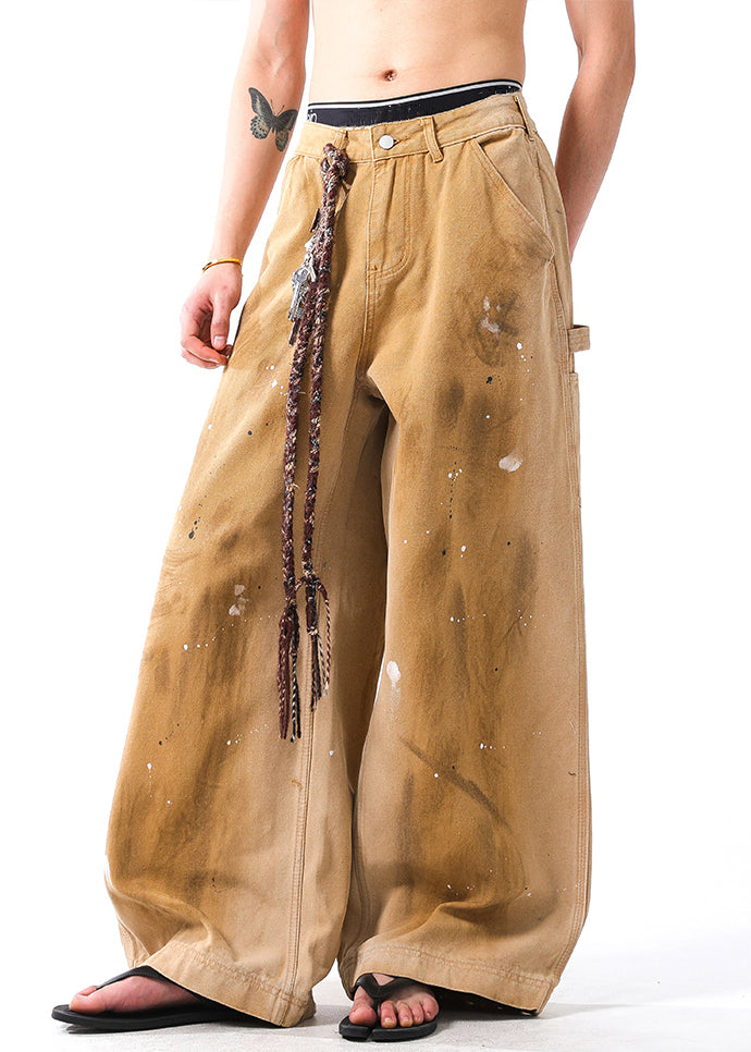 Vintage Khaki Hole Graffiti Pockets Denim Men Wide Leg Pants Fall