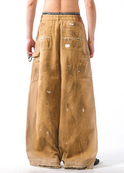 Vintage Khaki Hole Graffiti Pockets Denim Men Wide Leg Pants Fall