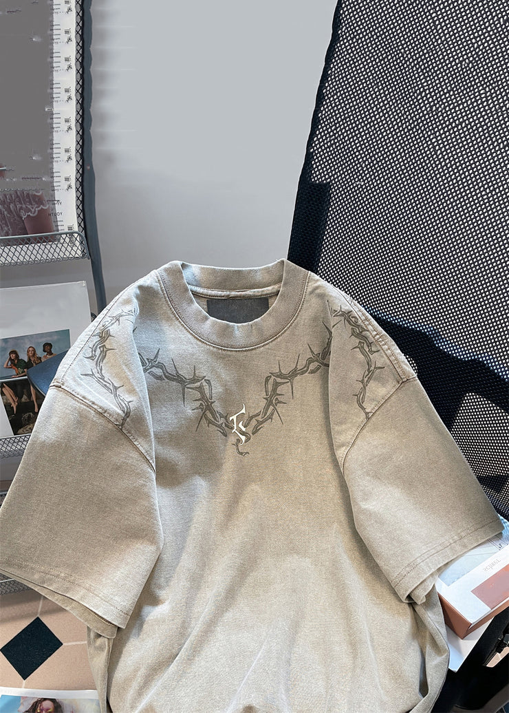 Vintage Khaki O Neck Print Solid Cotton Mens T shirt Summer