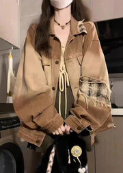 Vintage Khaki Peter Pan Collar Pockets Patchwork Patch Denim Coat Lantern Sleeve