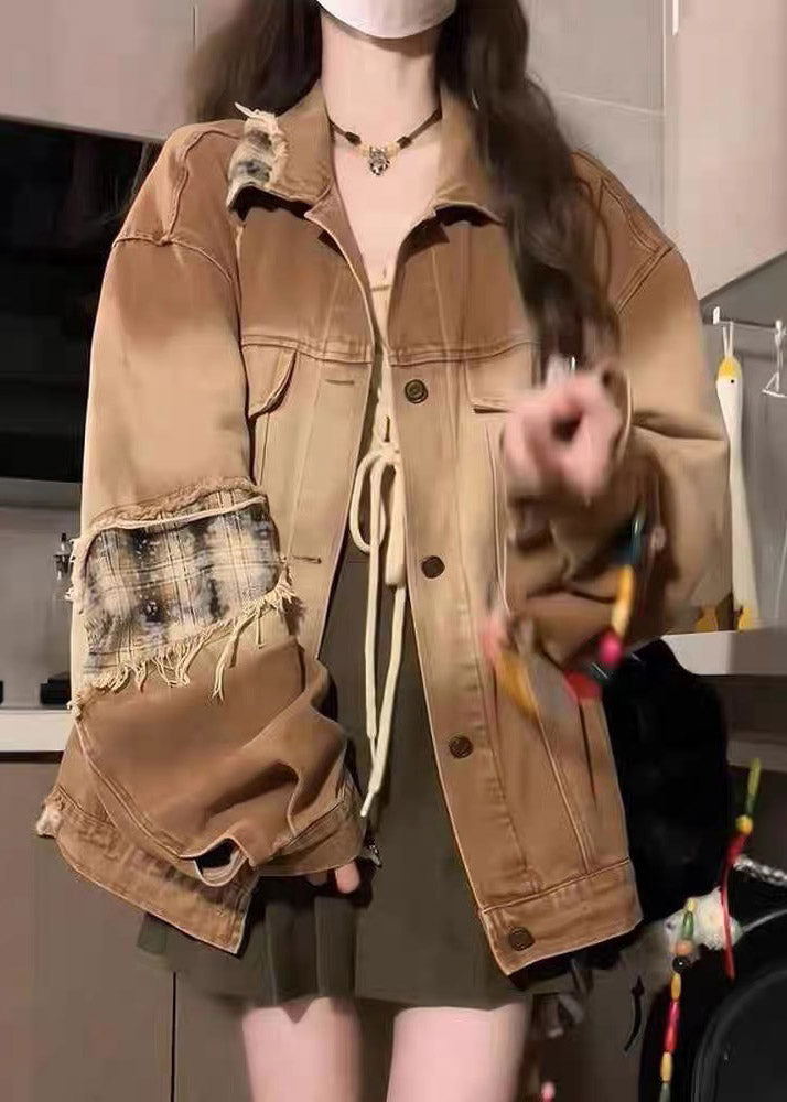 Vintage Khaki Peter Pan Collar Pockets Patchwork Patch Denim Coat Lantern Sleeve