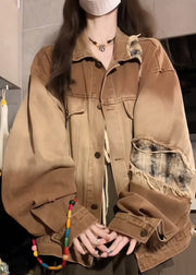 Vintage Khaki Peter Pan Collar Pockets Patchwork Patch Denim Coat Lantern Sleeve