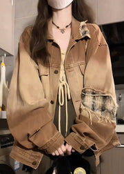 Vintage Khaki Peter Pan Collar Pockets Patchwork Patch Denim Coat Lantern Sleeve