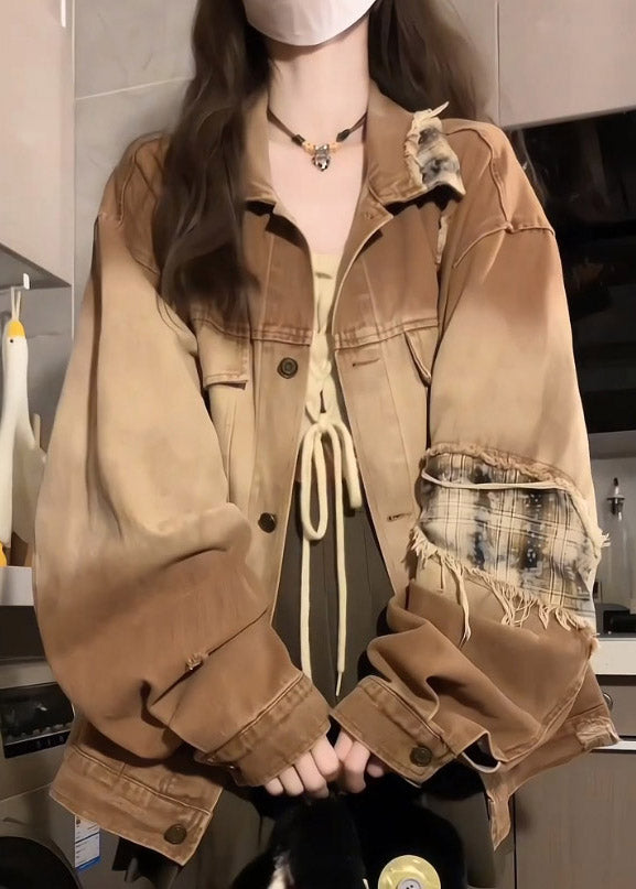 Vintage Khaki Peter Pan Collar Pockets Patchwork Patch Denim Coat Lantern Sleeve