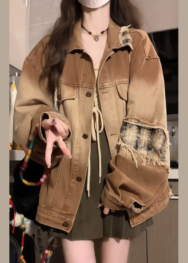 Vintage Khaki Peter Pan Collar Pockets Patchwork Patch Denim Coat Lantern Sleeve