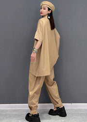 Vintage Khaki Peter Pan Collar Top And Pants Two Pieces Set Summer