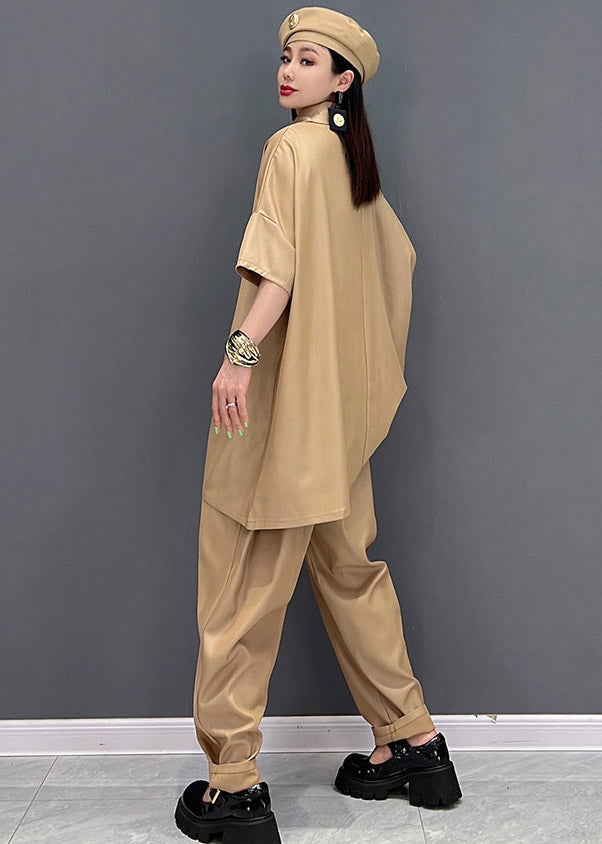 Vintage Khaki Peter Pan Collar Top And Pants Two Pieces Set Summer