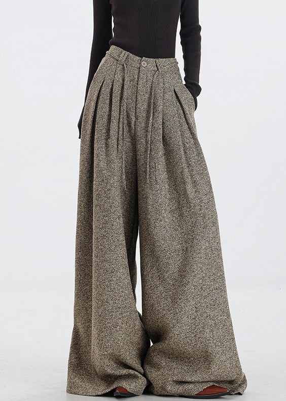 Vintage Khaki Pockets High Waist Woolen Pants Fall