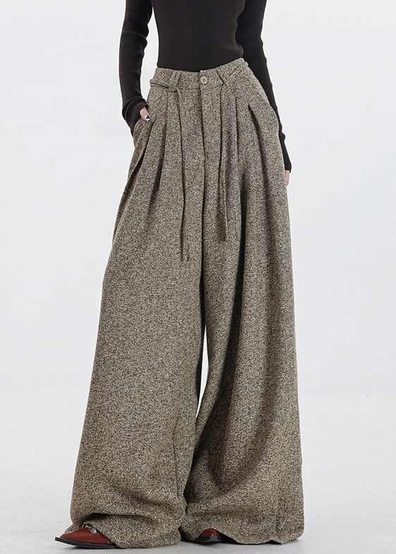 Vintage Khaki Pockets High Waist Woolen Pants Fall