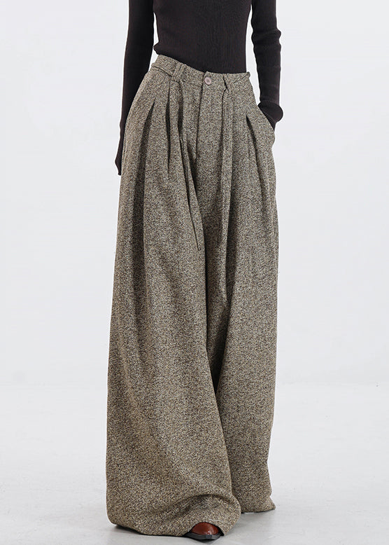 Vintage Khaki Pockets High Waist Woolen Pants Fall