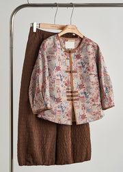 Vintage Khaki Print Chinese Button Cotton Jacket Fall