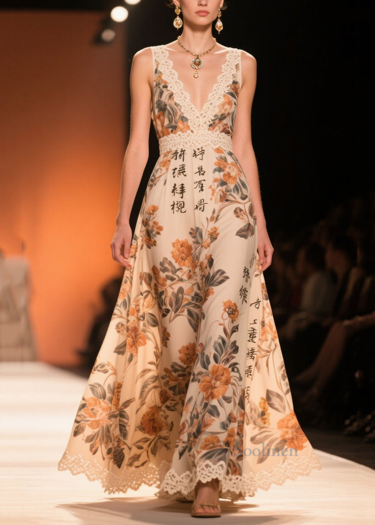Vintage Khaki Print Patchwork Lace Chiffon Long Dresses Summer