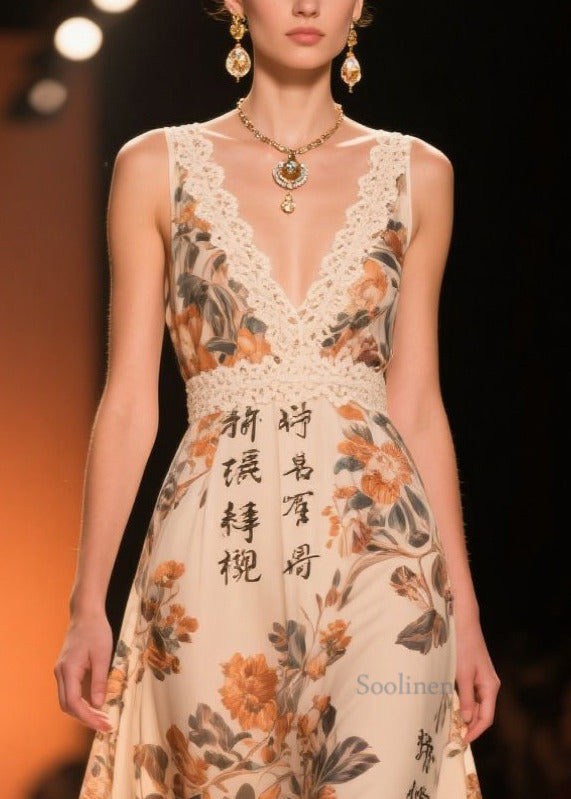 Vintage Khaki Print Patchwork Lace Chiffon Long Dresses Summer