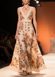 Vintage Khaki Print Patchwork Lace Chiffon Long Dresses Summer