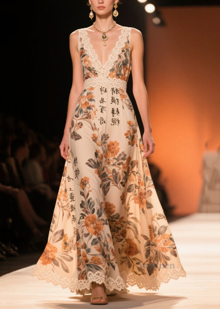Vintage Khaki Print Patchwork Lace Chiffon Long Dresses Summer
