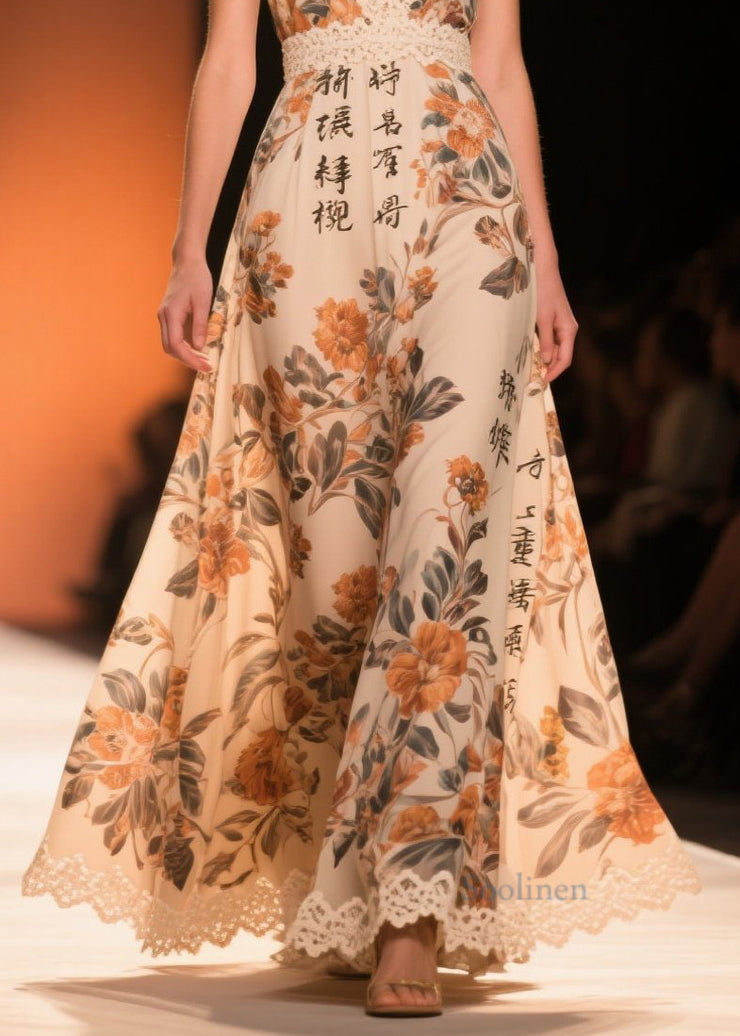 Vintage Khaki Print Patchwork Lace Chiffon Long Dresses Summer