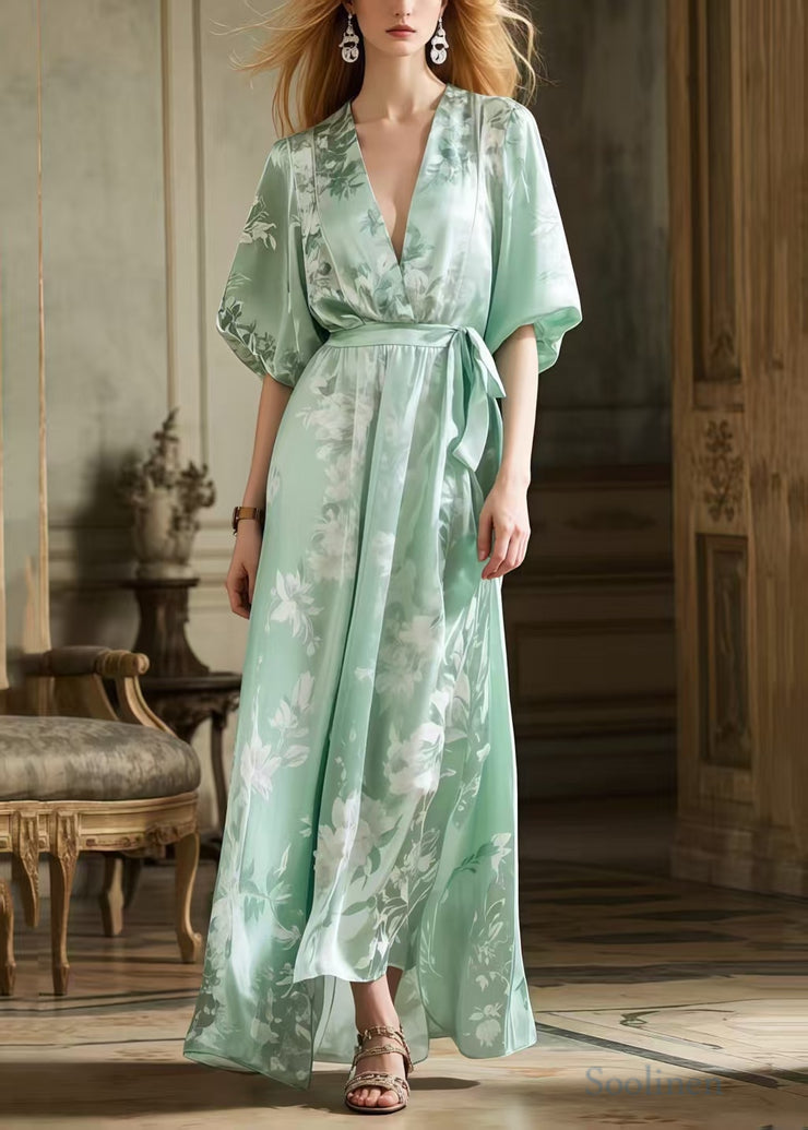 Vintage Light Green Tie Waist Print Silk Long Dress Summer